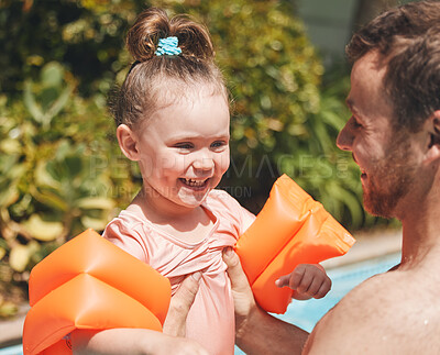 Buy stock photo Learning, outdoor and child with swimming instructor in pool for lesson, education or practice in summer. Happy, activity and teacher with kid in water for aquatic exercise, growth or development.