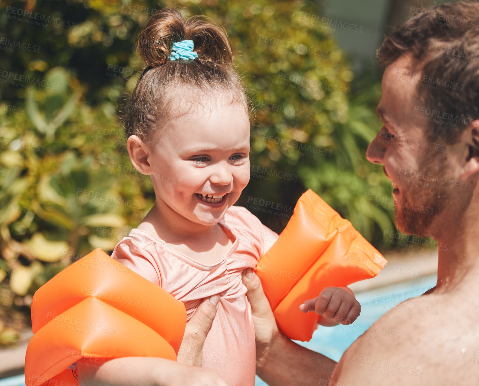 Buy stock photo Learning, outdoor and child with swimming instructor in pool for lesson, education or practice in summer. Happy, activity and teacher with kid in water for aquatic exercise, growth or development.