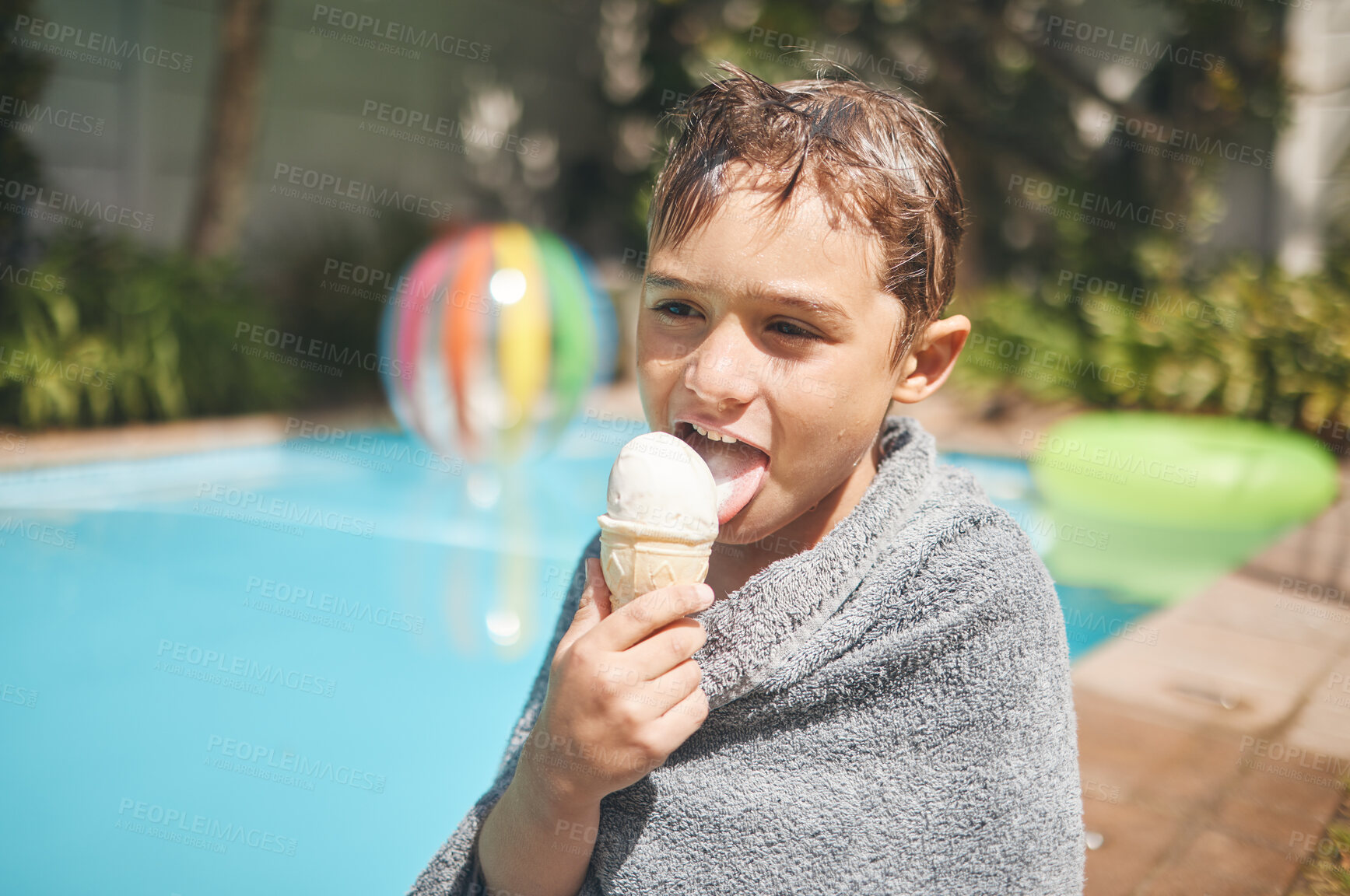 Buy stock photo Smile, ice cream and kid at pool for summer, holiday and relax at hotel garden for outdoor tourism. Happy, travel and boy child at swimming water with frozen snack on tropical weekend vacation