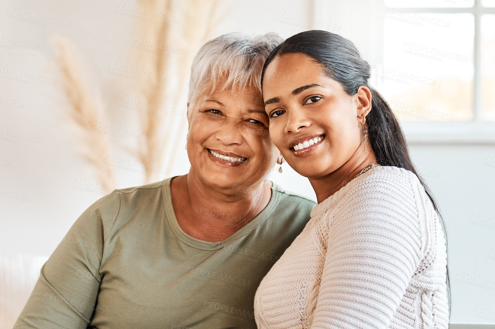 Buy stock photo Relax, portrait and woman with senior mother in home for bonding, connection or care in living room. Happy, family and female person with elderly mom in retirement for support and love at house.
