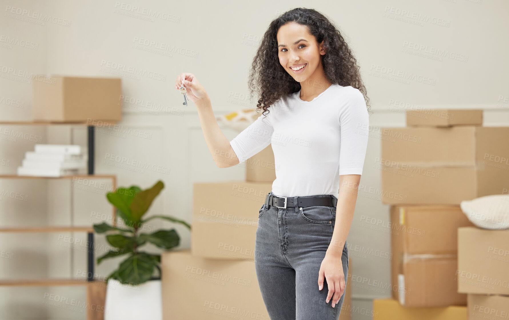 Buy stock photo Woman, portrait and keys to new house with happy mortgage, property and real estate investment. Young person or homeowner with lock for future apartment with boxes for moving in and home success