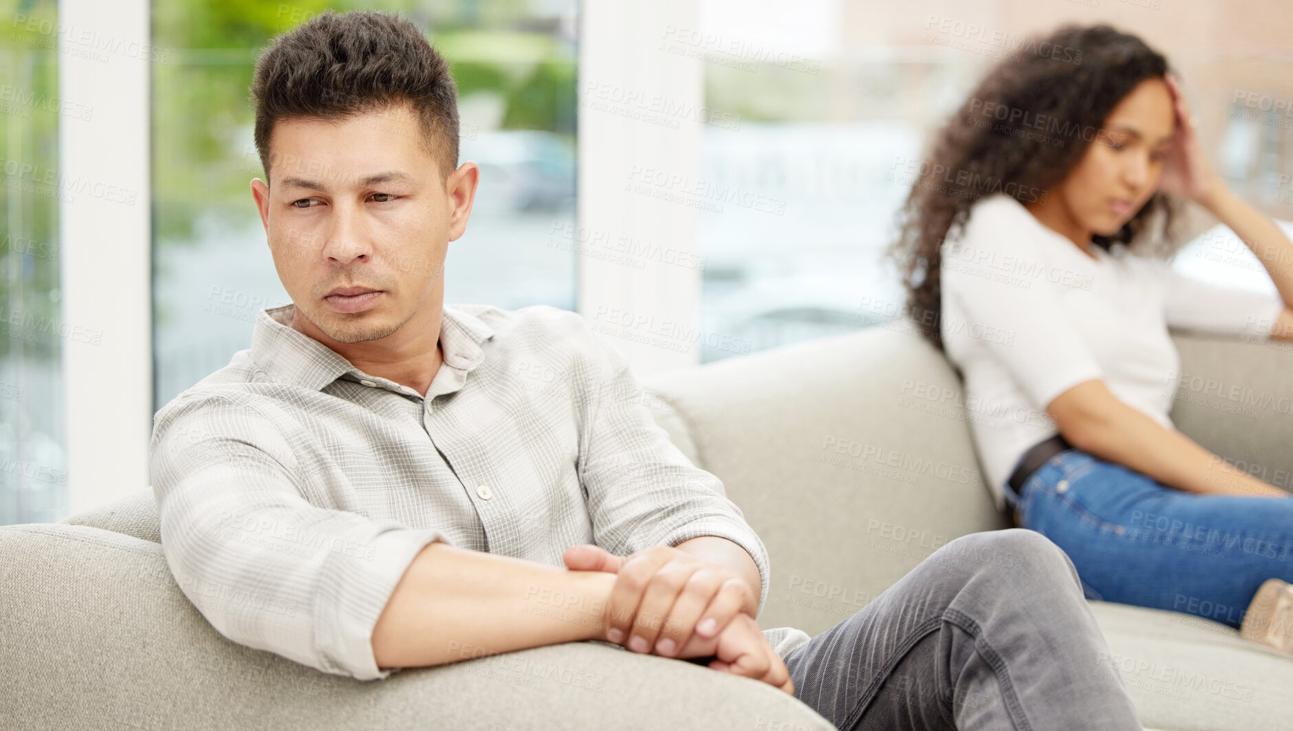 Buy stock photo Angry, divorce and couple on sofa in home for argument with affair, cheating or disagreement. Upset, breakup and frustrated people ignoring and fighting for marriage fail in living room at house.