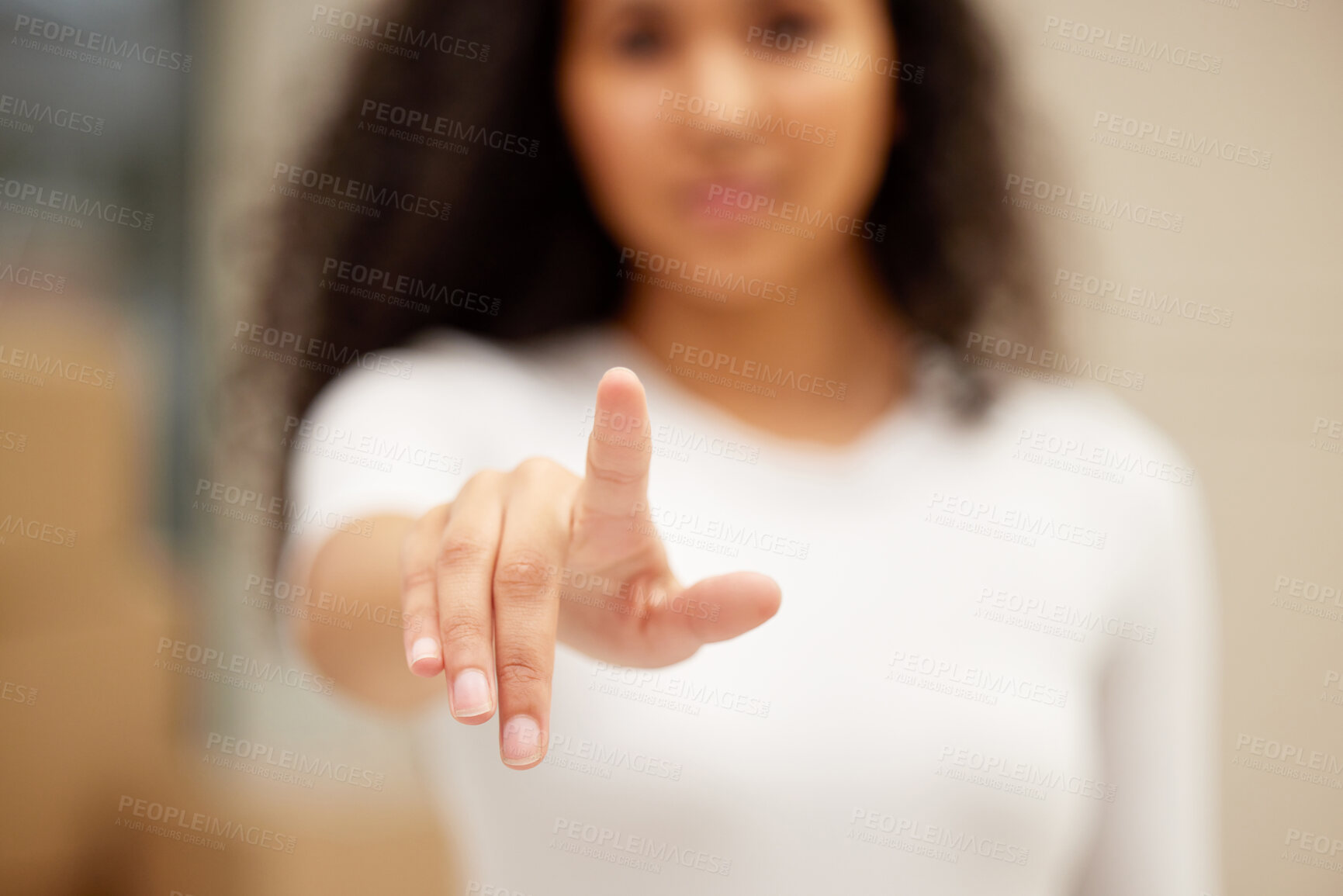 Buy stock photo Pointing, decision and hand of woman with choice in home for vote, calling or direction gesture. Finger, arrow and female person with selection, offer or opportunity for mortgage deal at house.