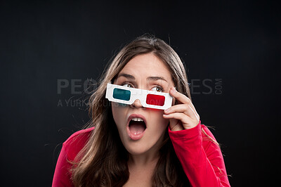 Buy stock photo Woman, 3d glasses and surprise for watching movie, shocked or surreal in black studio background. Female person, wow and futuristic with color lens eyewear in cinema for mystery, film or mockup