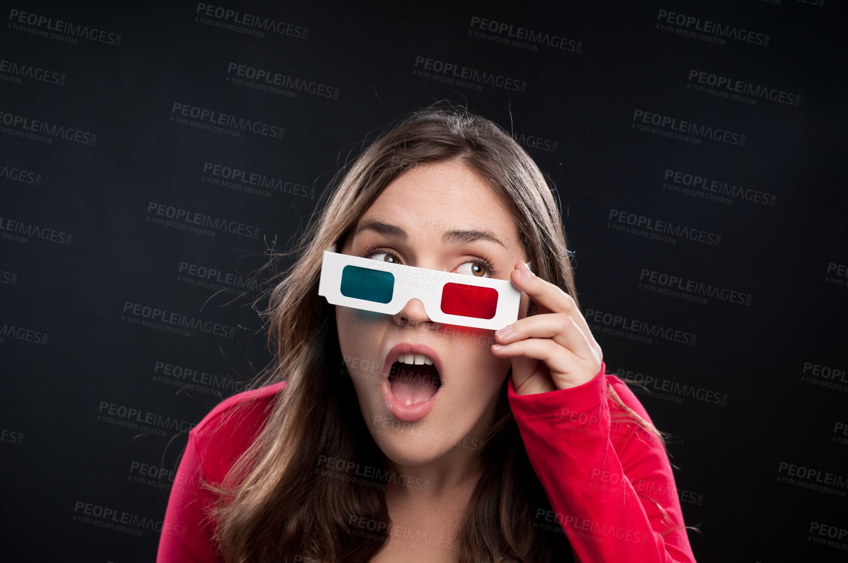 Buy stock photo Woman, 3d glasses and surprise for watching movie, shocked or surreal in black studio background. Female person, wow and futuristic with color lens eyewear in cinema for mystery, film or mockup