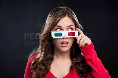 Buy stock photo Woman, 3d glasses and surprise for watching movie, shocked or surreal in black studio background. Female person, wow and futuristic with color lens eyewear in cinema for mystery, film or mockup