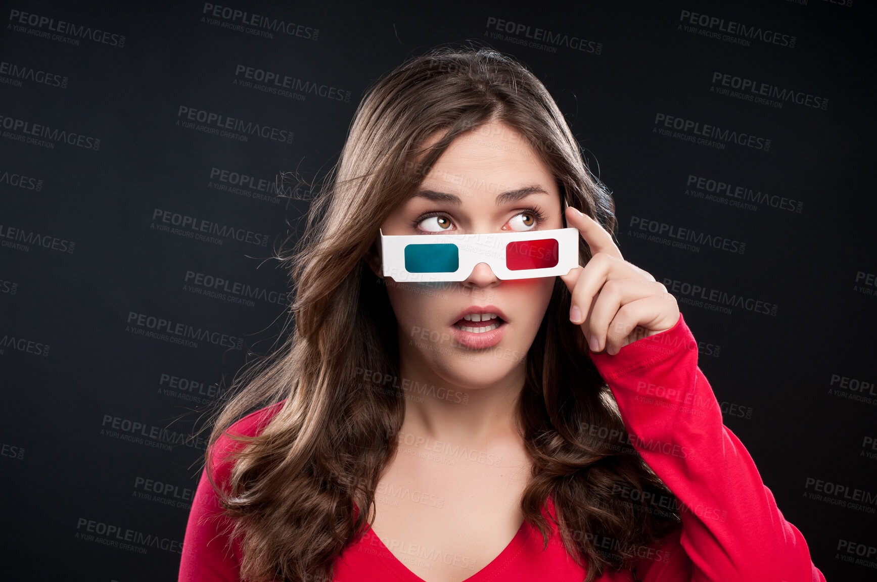 Buy stock photo Woman, 3d glasses and surprise for watching movie, shocked or surreal in black studio background. Female person, wow and futuristic with color lens eyewear in cinema for mystery, film or mockup