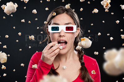 Buy stock photo Girl, 3d glasses or levitation of popcorn while eating, watching movie or horror by dark background. Fantasy, face or female person with shock in studio for mystery, film or color lenses with mockup