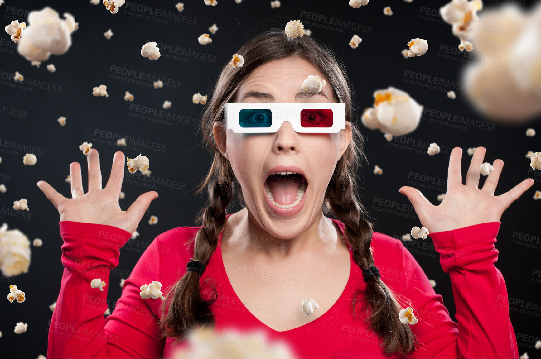 Buy stock photo Woman, 3d glasses or shock with popcorn flying, watching movie or horror by dark background. Fantasy, face or female person with scream in studio for mystery, film or color lenses with mockup