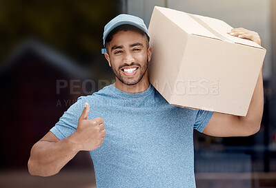 Buy stock photo Delivery, thumbs up and portrait of man for logistics, box and shipping service in city or town. Ecommerce, retail and stock with courier, cargo and distribution or supplier of package in New York 