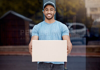 Buy stock photo Delivery man, package and portrait for logistics, box and shipping service in city for shopping. Ecommerce, retail and stock with courier, cargo and distribution or supplier of goods in New York