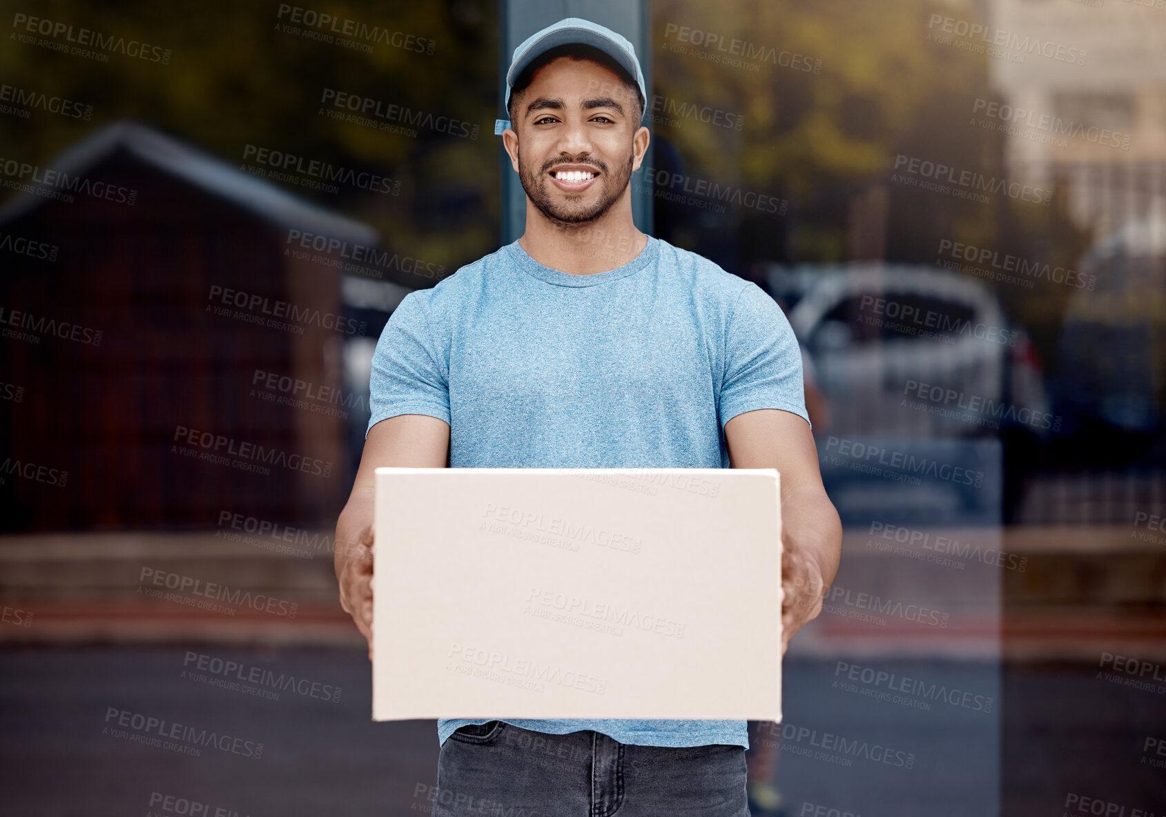 Buy stock photo Delivery man, package and portrait for logistics, box and shipping service in city for shopping. Ecommerce, retail and stock with courier, cargo and distribution or supplier of goods in New York