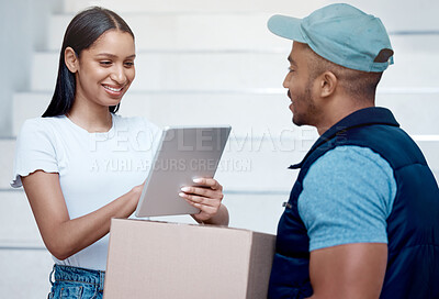 Buy stock photo Woman, delivery man or shipping with tablet for service at front door, signature for online shopping with courier. Female person, smile or box with ebook for logistics, sale on product with ecommerce