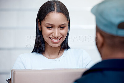 Buy stock photo Woman, courier and delivery man with box, shipping and retail with package, supply chain and industry. People, employee and girl with parcel, cardboard and service with logistics, ecommerce and home