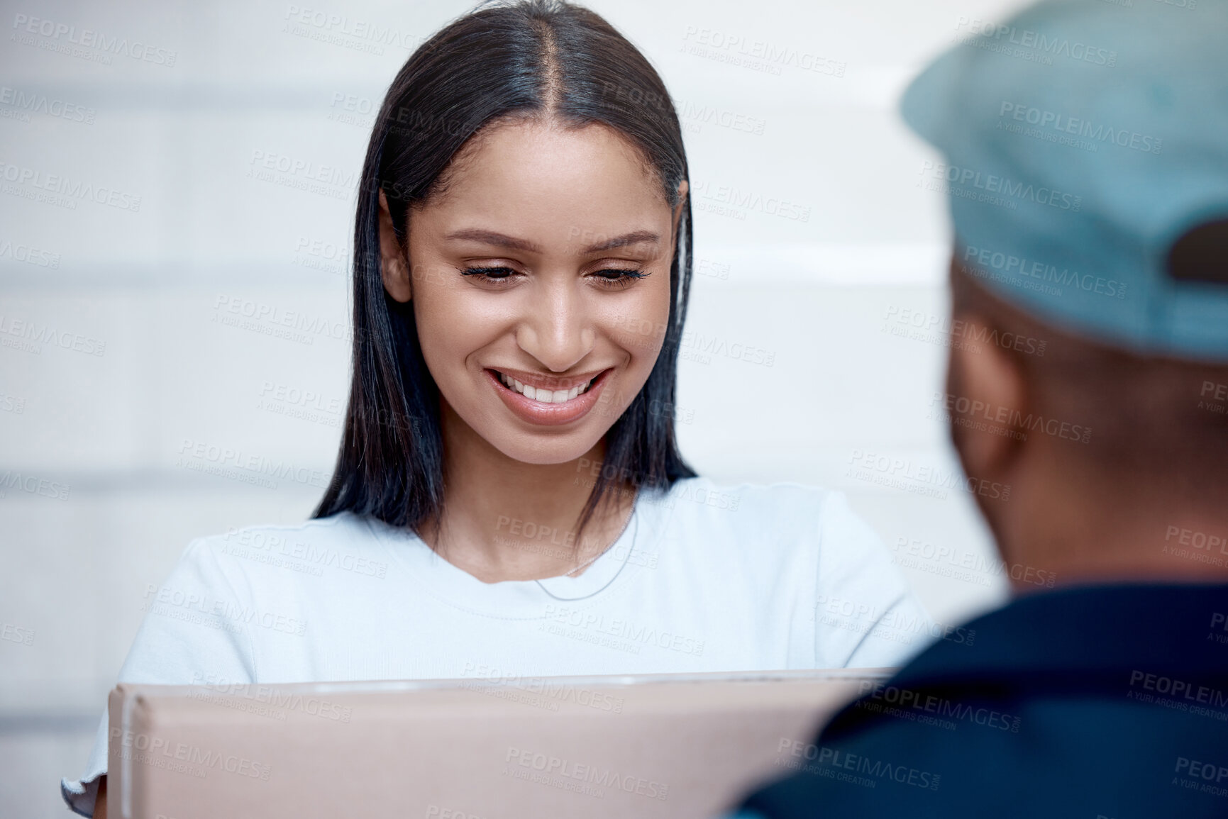 Buy stock photo Woman, courier and delivery man with box, shipping and retail with package, supply chain and industry. People, employee and girl with parcel, cardboard and service with logistics, ecommerce and home