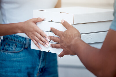 Buy stock photo Pizza, delivery man and hands with woman for food, customer service and order at apartment. Ecommerce, female client and satisfied with meal boxes outside for collection, supply or courier at home