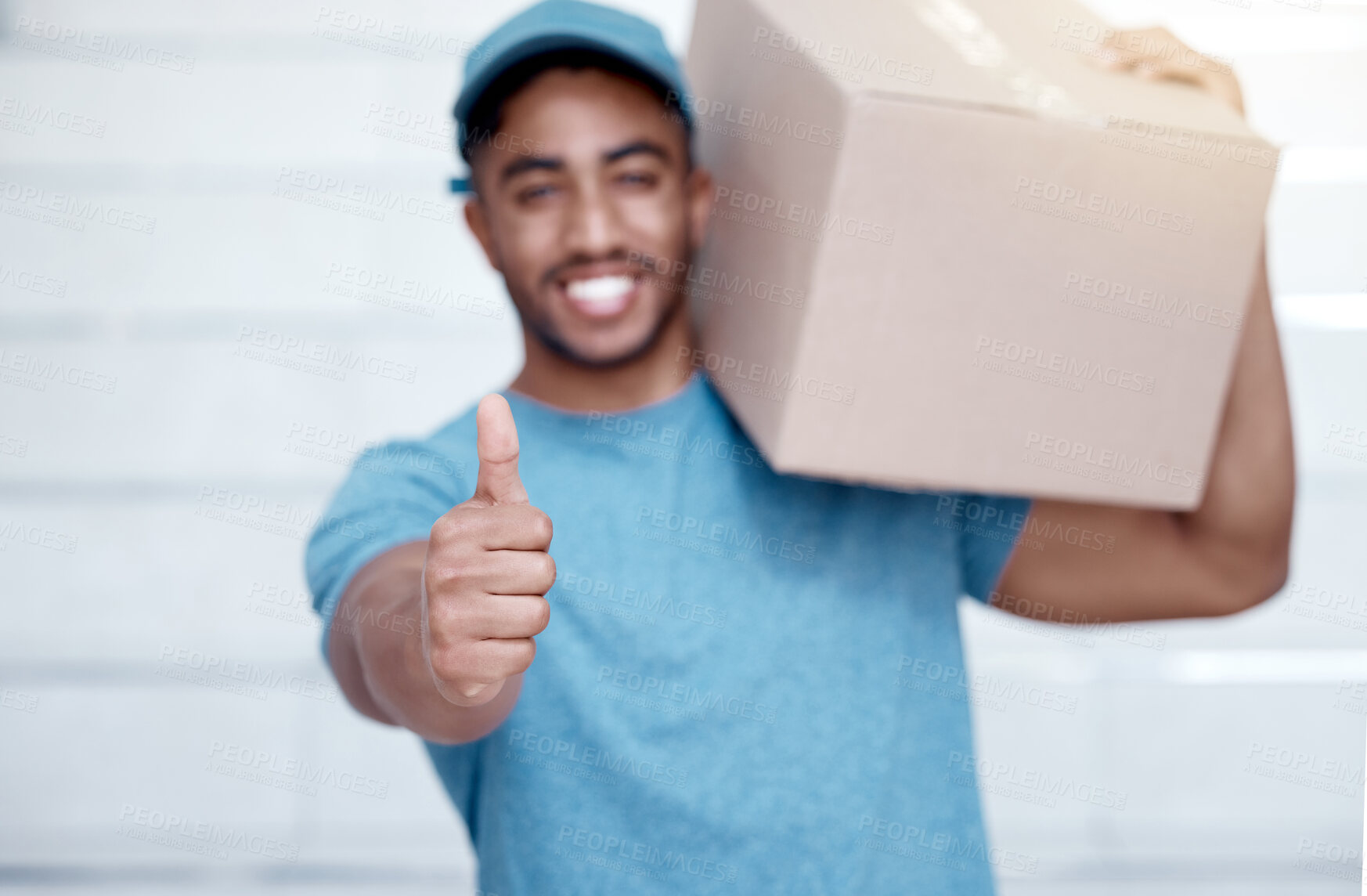 Buy stock photo Thumbs up, delivery and man with boxes for for logistics and shipping service or company in city. Ecommerce, portrait or stock with courier, cargo and distribution or supplier of package in New York 