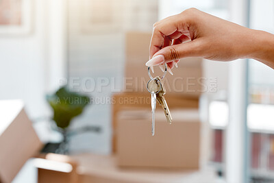 Buy stock photo Cropped shot of an unrecognisable woman holding the keys to her new home