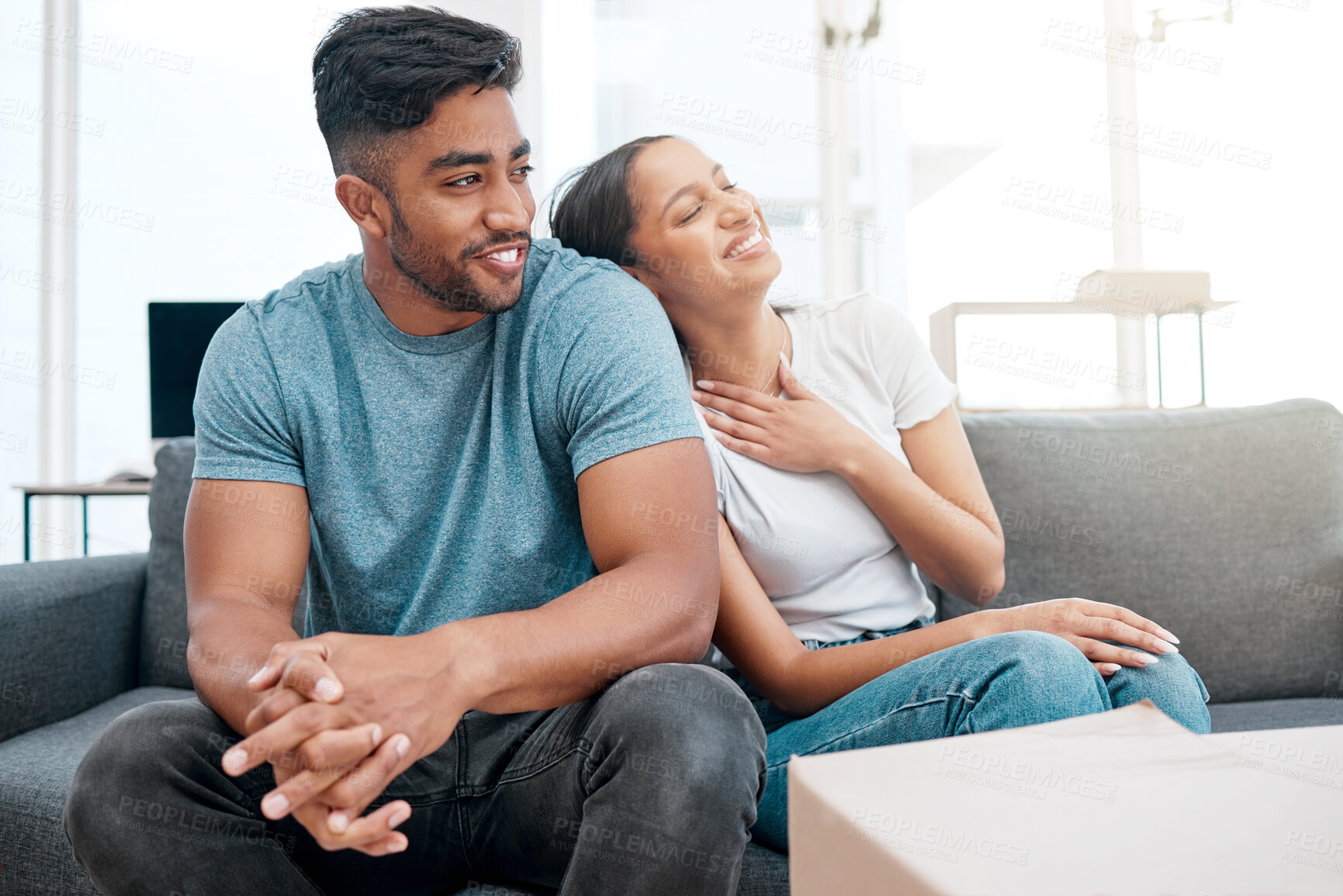 Buy stock photo Happy people rest and cardboard box for new house, moving and real estate celebration of investment. Man, woman and couple in living room with boxes and break relocating into property home together