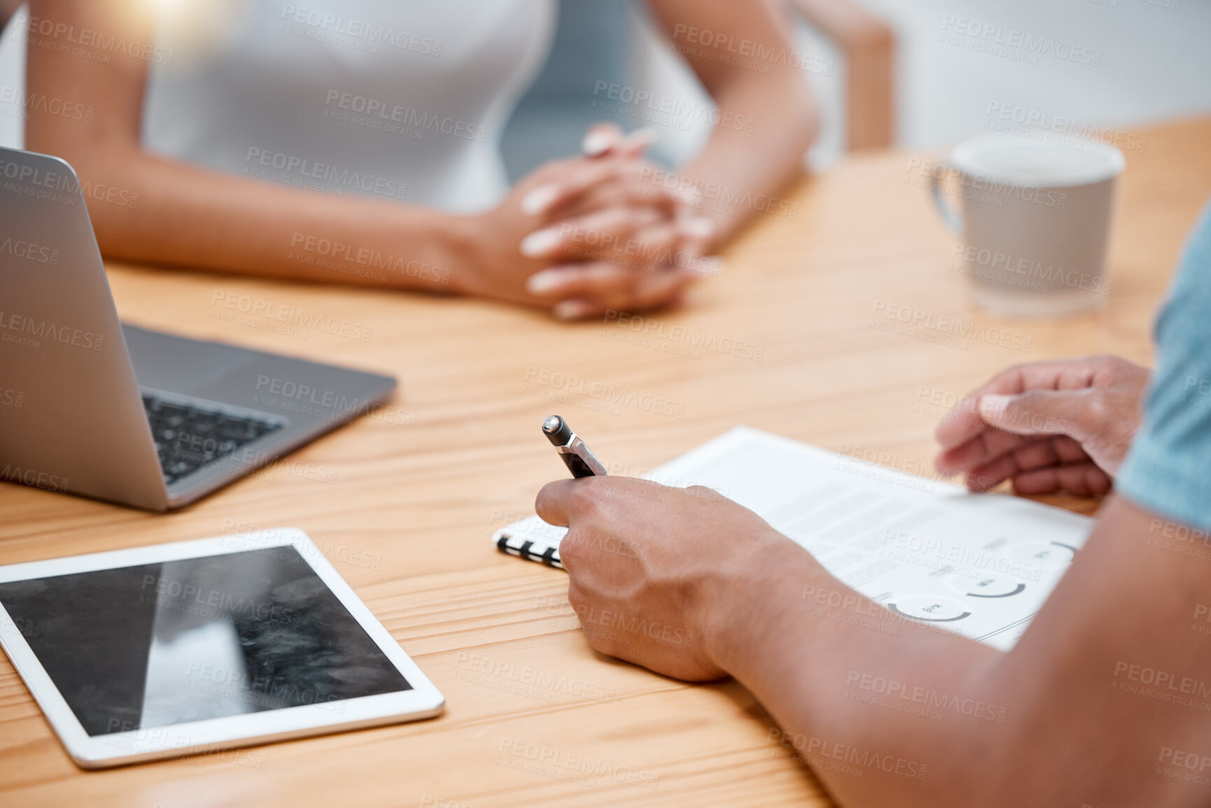 Buy stock photo People, hands and meeting with documents for agreement, contract or signature on lease at home. Closeup of agent talking to client with paperwork for financial advice, form or application at house