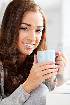 Buy stock photo Portrait of happy, relax and smile woman drinking tea, coffee or latte. Beauty, face and happy girl model with perfect white teeth and a mug, drink or beverage in hand relaxing with happiness. 