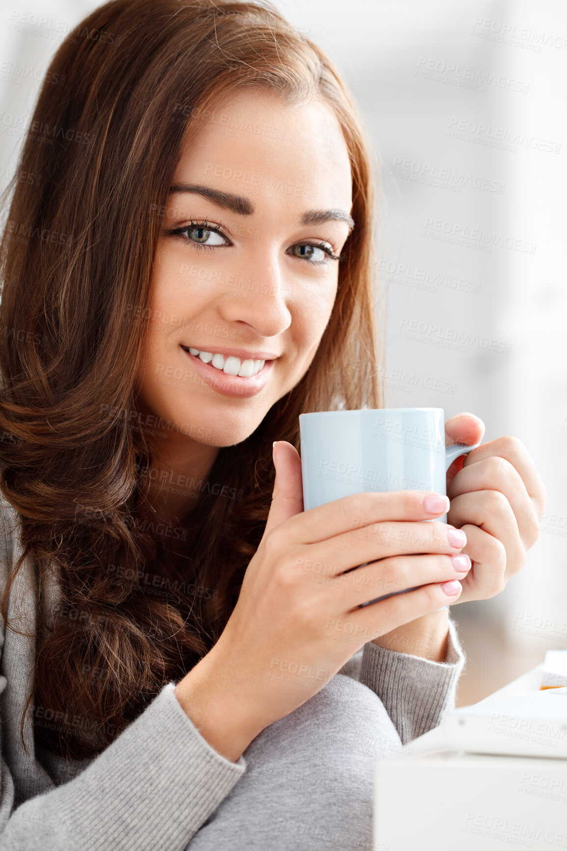 Buy stock photo Portrait of happy, relax and smile woman drinking tea, coffee or latte. Beauty, face and happy girl model with perfect white teeth and a mug, drink or beverage in hand relaxing with happiness. 