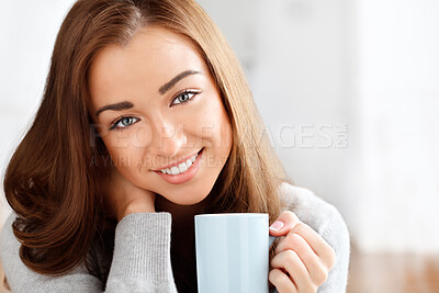 Buy stock photo Happy, relax and smile of a girl teenager at home with coffee or tea drink and mock up space. Portrait of a beautiful teen from London lounge in peace and calm with happiness of a peaceful lifestyle