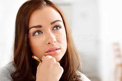 Buy stock photo Shot of a woman daydreaming while at home