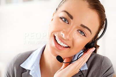 Buy stock photo Call center, contact us and business woman in customer support with happy face and smile at the office. Portrait of a female telemarketing employee, consultant or agent in happiness with headset.