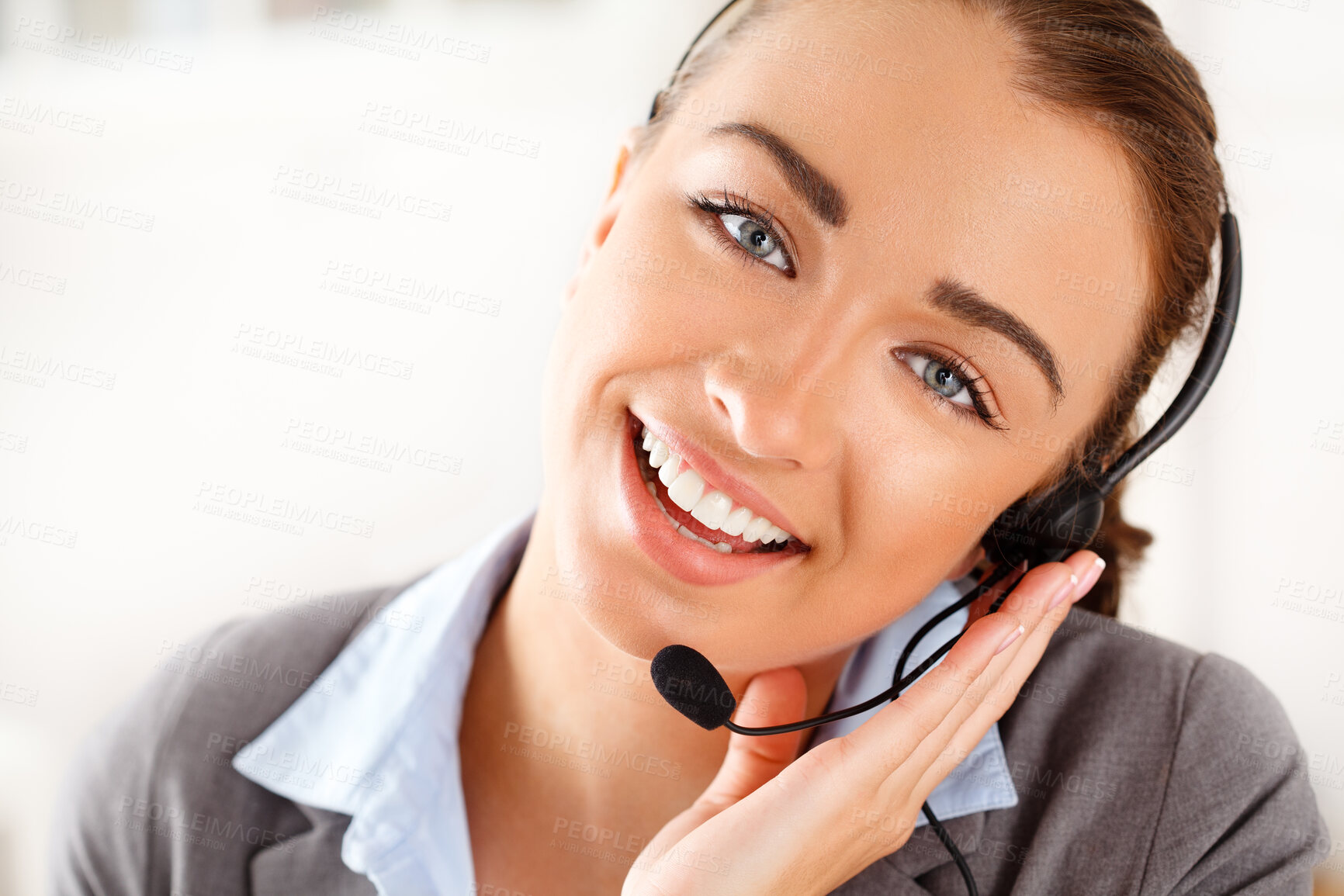 Buy stock photo Call center, contact us and business woman in customer support with happy face and smile at the office. Portrait of a female telemarketing employee, consultant or agent in happiness with headset.