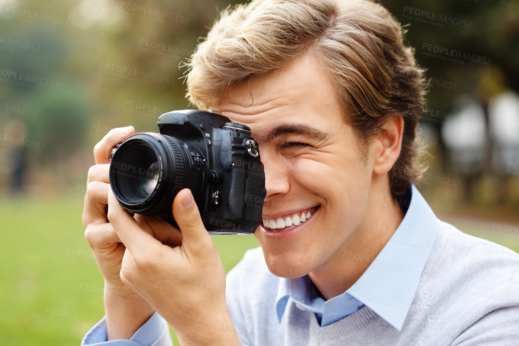 Buy stock photo Man, camera and photography for picture in park with digital technology for travel as creative photographer. Happy, male person and vintage tech in focus with lens for memories or film as reporter
