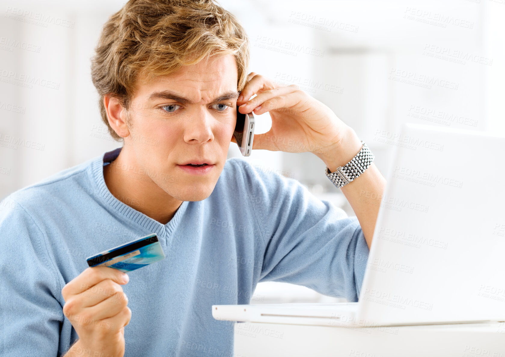 Buy stock photo Man, stress and phone call for credit card in home for fraud, finance and website glitch for online shopping. Male person, bad customer experience and error on payment, order and banking app hacking