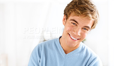 Buy stock photo Face, man and home with smile in portrait to relax, enjoy and day off or work holiday. House, living room and happy or satisfied on vacation with me time, peace and joy with positivity and calm