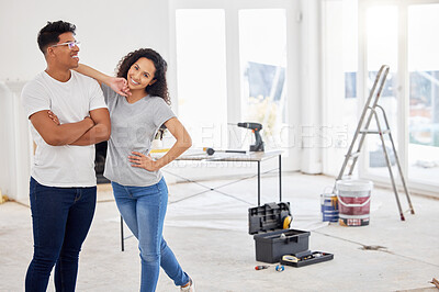 Buy stock photo Maintenance, renovation and portrait with a couple in their new home together for a remodeling project. Construction, real estate or diy property improvement with a man and woman bonding in a house