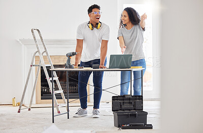 Buy stock photo Maintenance, laptop and diy with a couple in their new house together for a remodeling project. Construction, real estate or property improvement with a man and woman planning a home renovation