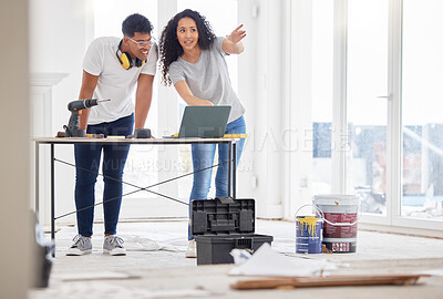 Buy stock photo Laptop, renovation and vision with a couple in their new home together for a remodeling project. Construction, real estate or diy property maintenance with a man and woman planning in their house