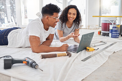 Buy stock photo Laptop, renovation and diy planning with a couple in their new house together for remodeling design. Construction, real estate or property improvement with a man and woman discussing a home project