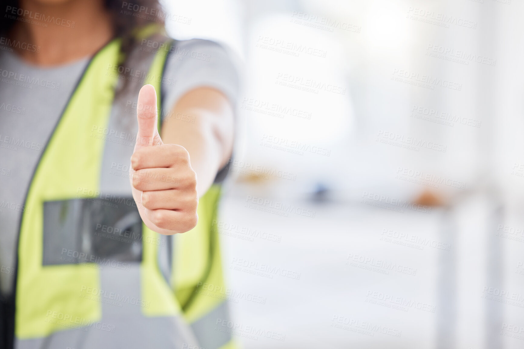 Buy stock photo Person, hand and thumbs up for engineering with trust, renovation success and building agreement in office. Zoom, builder employee and yes emoji for thank you, real estate project and design support