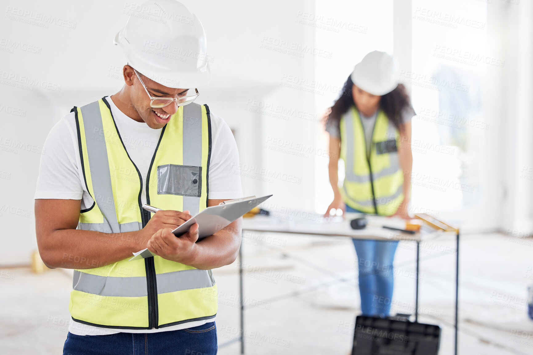 Buy stock photo Man, clipboard and construction with smile, project and planning for building with repair. Architect, engineer and teamwork for maintenance, renovation and collaboration in industrial contractor job