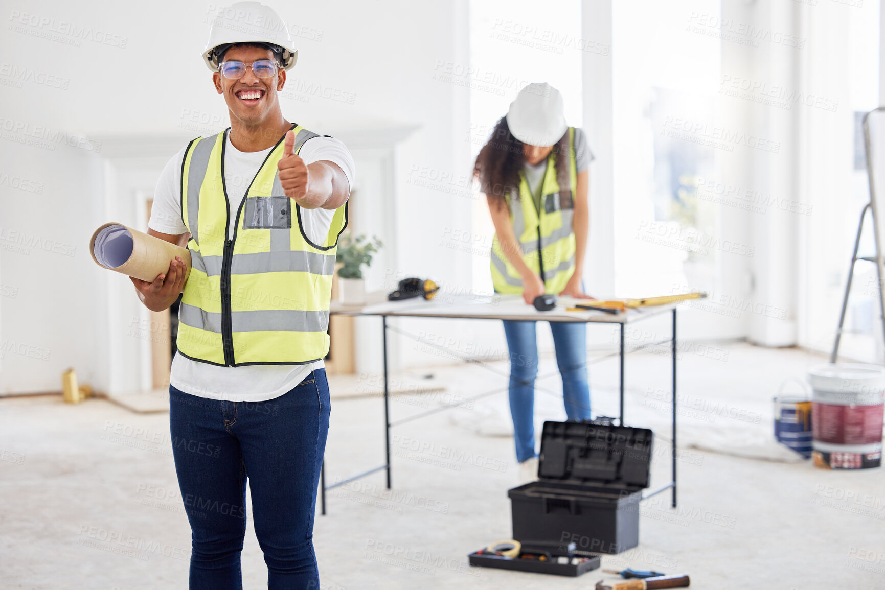 Buy stock photo Thumbs up, man and portrait on construction site with plans, approval and safety in industry. Male engineer, happy and hand gesture by colleague for yes, opinion and like for project management