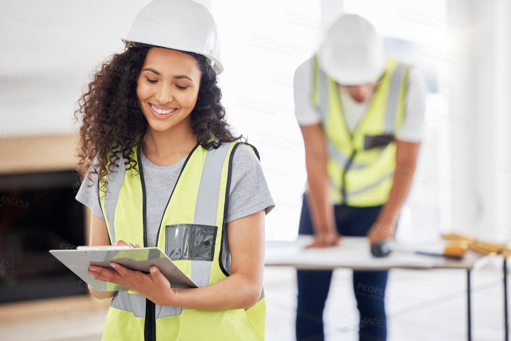 Buy stock photo Woman, clipboard and construction with smile, project and planning for building with repair. Architect, engineer and safety helmet for maintenance, renovation and affirmative action in industrial job