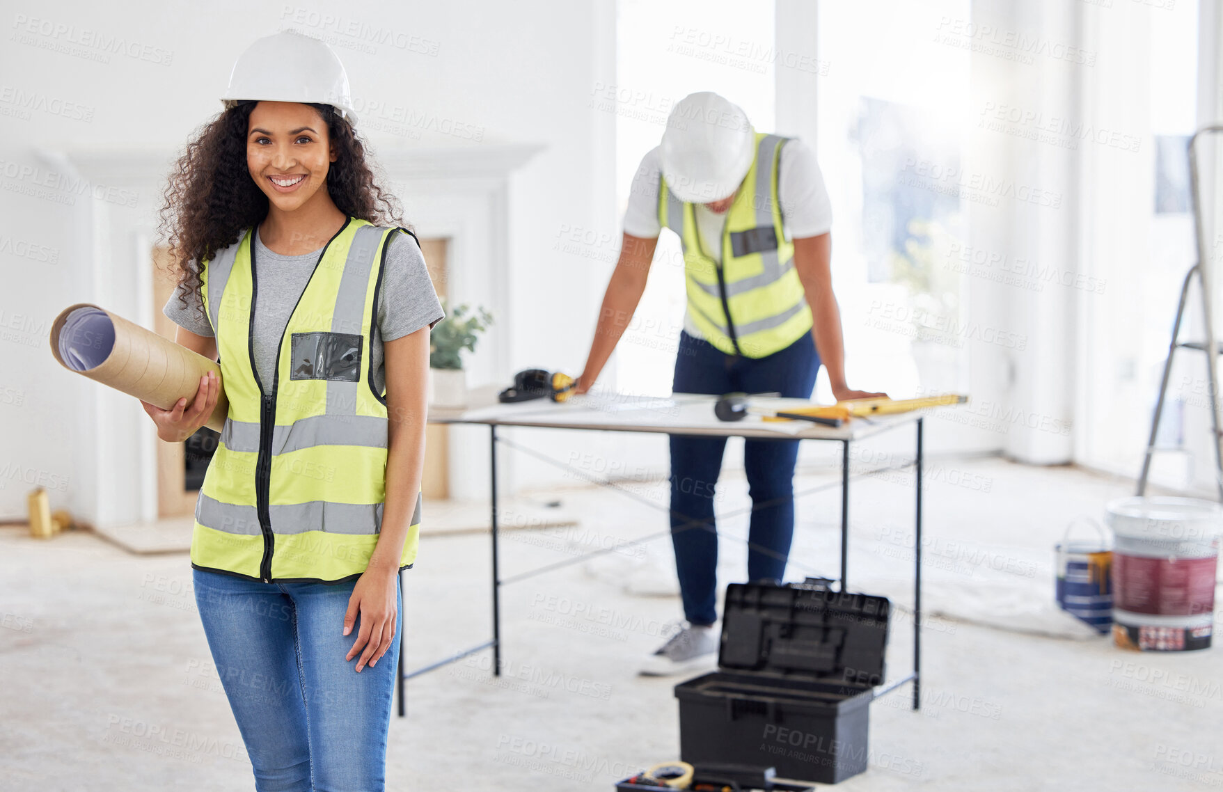 Buy stock photo Woman, portrait and happy as architect in office with blueprint for building design or layout for project. Engineer, construction and smile confident as contractor with pride for career growth