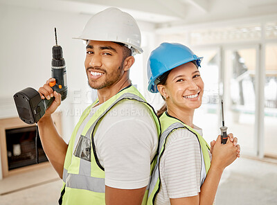 Buy stock photo Workers, couple and portrait with construction tools, maintenance equipment and working contractor for renovation. People, back together and smile for home building, interior design or diy project