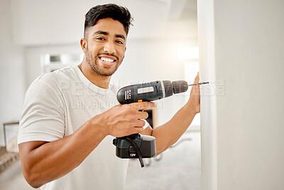 Buy stock photo Portrait, wall and man with drill tool for home with diy building, renovation or maintenance. Happy, designing and male person with electric construction equipment for repairs at house or apartment.