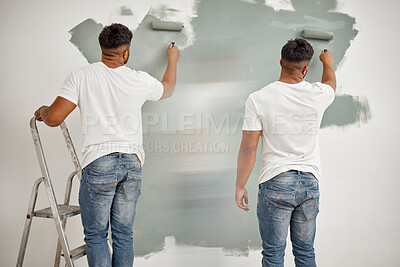 Buy stock photo Composite, man and painting project for home renovation as partner for house improvement. Male person, motion blur and interior design with paintbrush, back or maintenance for decoration on property
