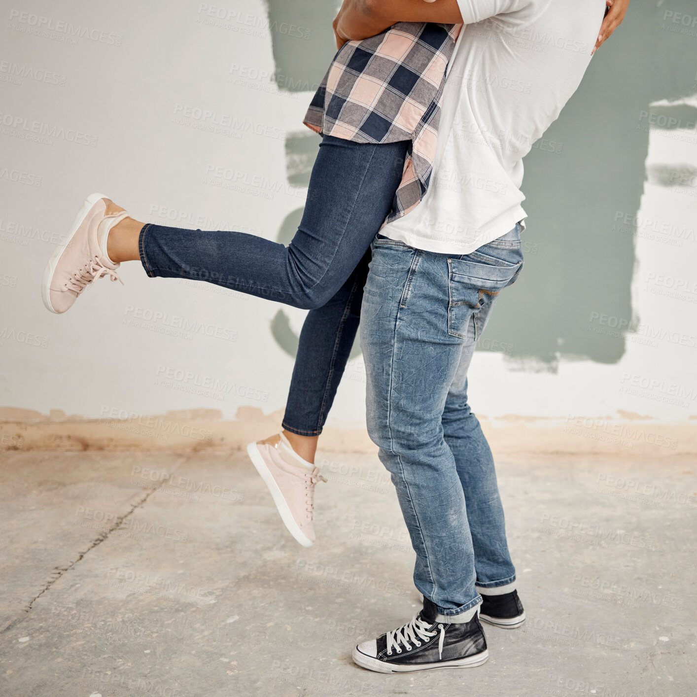 Buy stock photo Happy couple, hug and painting project for home renovation as partner for house improvement. Woman, man and interior design with embrace, apartment and maintenance for decoration on property