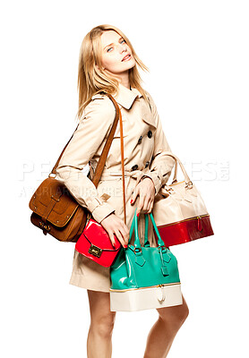 Buy stock photo Handbags, sale and portrait of woman in studio for fashion deal, discount or accessories on white background, Choice, shopping and model with bags for designer store, luxury product or purchase