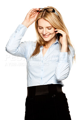 Buy stock photo Business woman, phone call and smile in studio white background for communication, news or talking. Female worker, mobile and happy with conversation for contact, consulting or networking feedback