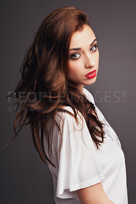 Buy stock photo Red lipstick, makeup and portrait of woman in studio for beauty, glow and facial routine Confident, cosmetics and female person with trendy cosmetology face treatment isolated by gray background.