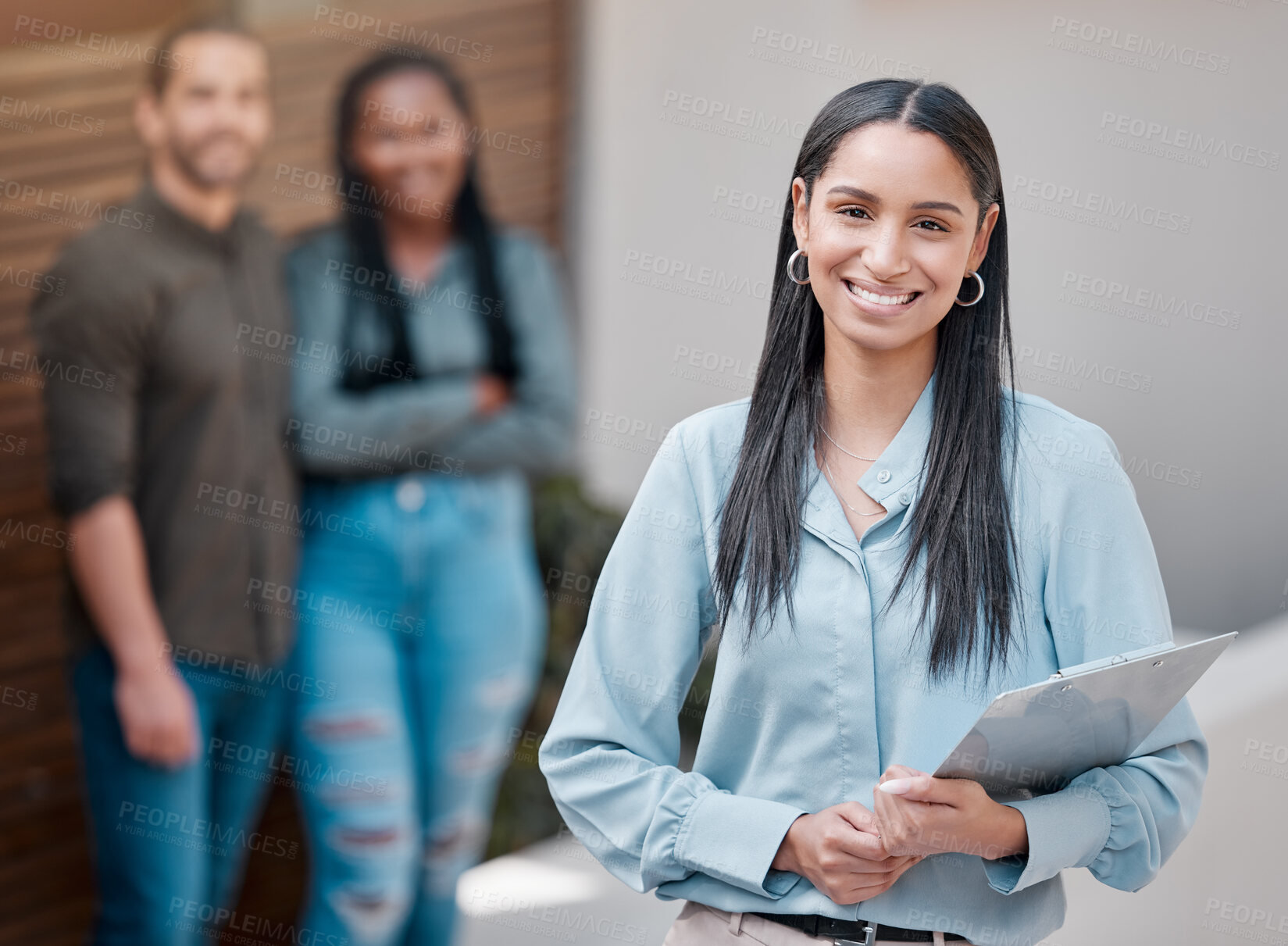 Buy stock photo Woman, portrait and couple at house with real estate agent in sale of property with paperwork. Happy, realtor or show apartment or home to people with landlord, contract or mortgage advice for loan